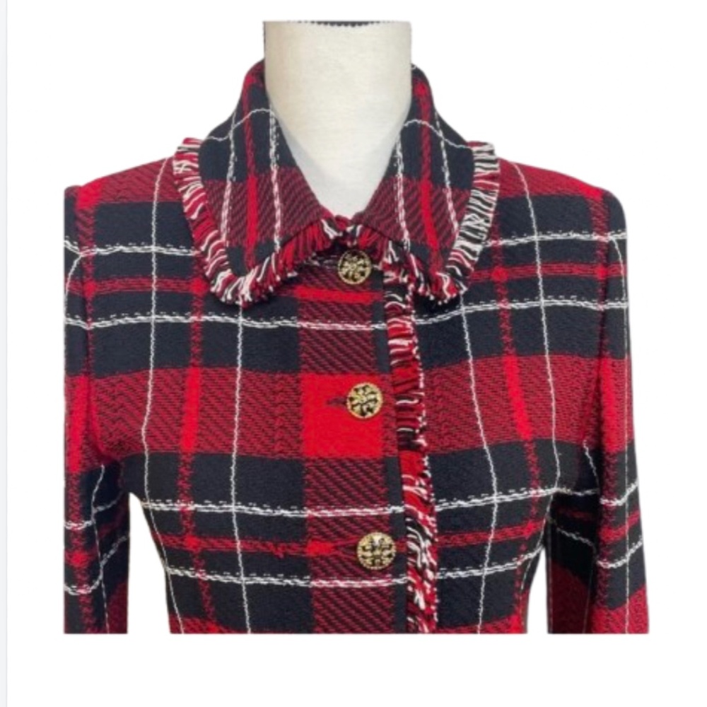 2 pc St. JOHN knit fringe jacket Plaid Red suit gold Black Women's Pants Set - Picture 6 of 17